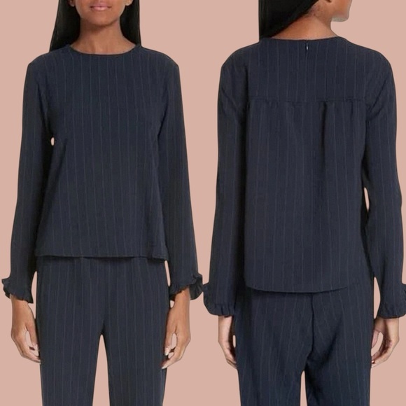 Ganni ‘Clark’ Pinstripe Ruffle Cuff Top in Navy Blue & White Size 34 = US Sz XS - Picture 1 of 16
